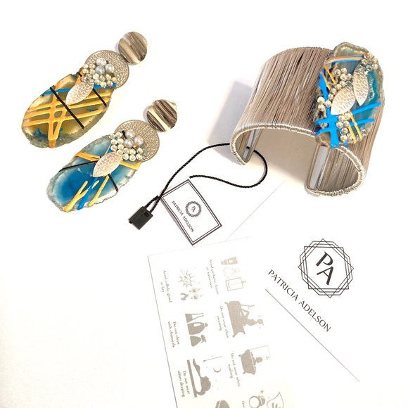 Gold Plated Bangle + Earrings BLUE Agate - Picture 1 of 6